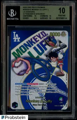 2025 ONE PIECE PROMOS DODGERS X ONE PIECE NIGHT #010 MONKEY D. LUFFY BGS 10 - Image 1
