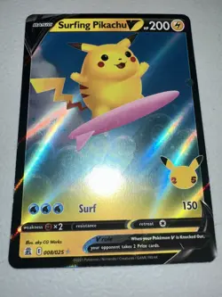 Pokemon TCG Surfing Pikachu v Celebrations Holo Ultra Rare Card 008/025 - Image 1