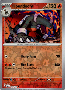 Pokemon TCG Houndoom Scarlet & Violet Base Set 034/198 Reverse Holo Common - Image 1