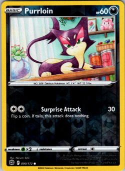 Pokemon TCG Purrloin Sword & Shield: Brilliant Stars 090/172 Reverse Holo Common - Image 1