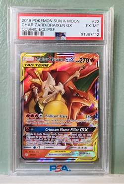 2019 Pokemon Charizard & Braixen GX Cosmic Eclipse PSA 6 #22 Tag Team Holo 🔥 - Image 1