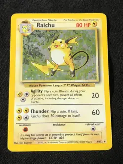 Pokemon 1999 Raichu Base Set Holo Card 14/102 Rare MP - Image 1