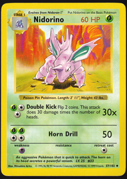 Nidorino Shadowless 37/102 Base Set 1999 Pokemon TCG Card LP - Image 1