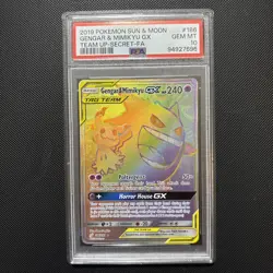 2019 POKEMON SUN & MOON TEAM UP SECRET #186 FULL ART GENGAR & MIMIKYU GX PSA 10 - Image 1