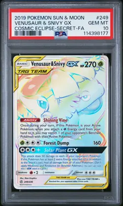 2019 POKEMON SUN & MOON COSMIC ECLIPSE #249 FULL ART/VENUSAUR & SNIVY GX PSA 10 - Image 1