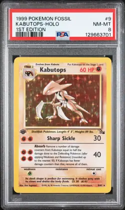 1999 POKEMON FOSSIL 1ST ED #9 KABUTOPS-HOLO PSA 8 - Image 1
