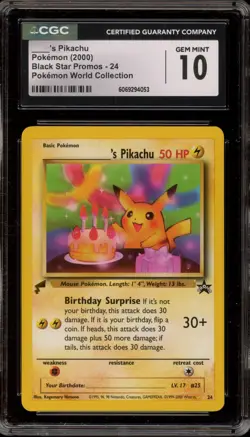 Pokemon Birthday Pikachu World Coll. Black Star Promo #24 CGC 10 Gem Mint - Image 1