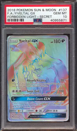 2018 POKEMON S&M FORBIDDEN LIGHT YVELTAL GX FULL ART SECRET #137 PSA 10! - Image 1