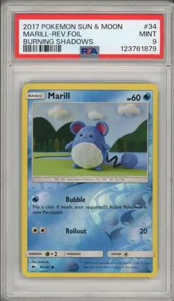 2017 Pokemon Sun & Moon Burning Shadows Marill Reverse Holo Foil #34 PSA 9 - Image 1