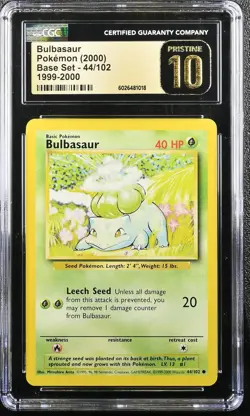 CGC PRISTINE 10 Bulbasaur 2000 Base Set #44/102 1999-2000 Pokemon - Image 1