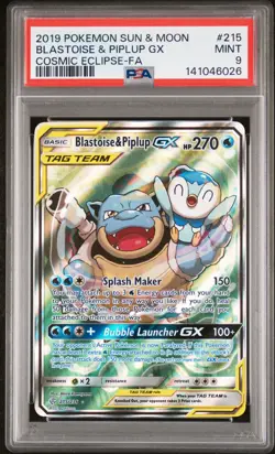 2019 POKEMON SUN & MOON COSMIC ECLIPSE #215 FULL ART/BLASTOISE & PIPLUP GX PSA 9 - Image 1