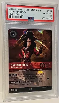 Disney Lorcana Captain Hook Master Swordsman Inklands Enchanted #214 PSA GEM 10 - Image 3