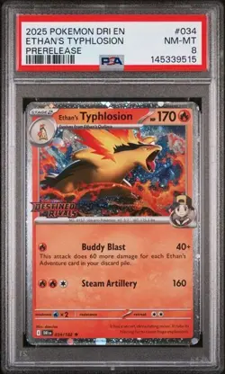 Ethan's Typhlosion #34 Pokemon Destined Rivals PSA 8 Prerelease Stamp 034/182 - Image 1