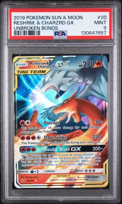 PSA 9 RESHIRAM & CHARIZARD GX #20 2019 POKEMON SUN & MOON UNBROKEN BONDS - Image 1