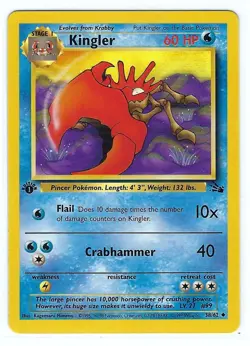 Kingler - 1ST EDITION - Fossil Set card # 38/62 - Vintage 1999 Pokemon WOTC - NM - Image 1