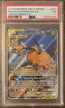 2019 Pokemon Sun & Moon Unified Minds Raichu Alolan Tag Team GX #221/236 PSA 1 - Image 1