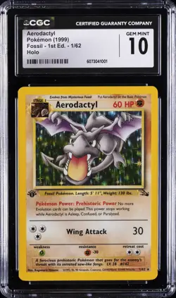 1999 POKEMON FOSSIL - 1ST ED. HOLO #1/62 AERODACTYL CGC 10 GEM MINT - Image 1