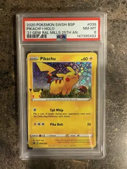 2020 Pokemon SWSH Pikachu Holo General Mills 25th Anniversary PSA 8 NM-MT #039 - Image 1