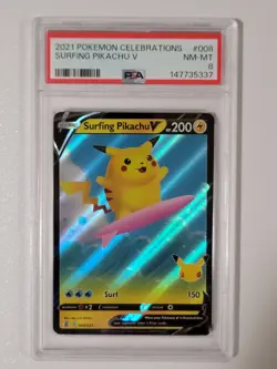 2021 POKEMON CELEBRATIONS #008 SURFING PIKACHU V PSA 8 - Image 1