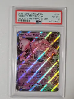 2025 POKEMON SVP EN-SV BLACK STAR PROMO #205 TEAM ROCKET'S MEWTWO EX PSA 8 - Image 1