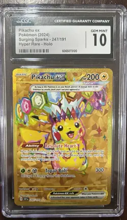 Pokemon TCG Pikachu EX Surging Sparks Holo Hyper Rare Gold 247/191 CGC Gem 10 - Image 1