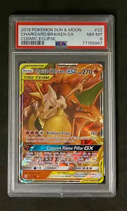 2019 Pokemon Sun and Moon Charizard Braixen GX Cosmic Eclipse PSA 8 - Image 1