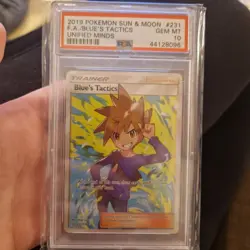 2019 POKEMON SUN & MOON UNIFIED MINDS #231 FULL ART/BLUE'S TACTICS PSA 10 - Image 1