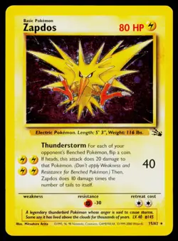 Zapdos (15) - Unlimited Holo 15/62 Holo Rare Pokemon Fossil HP - Image 1