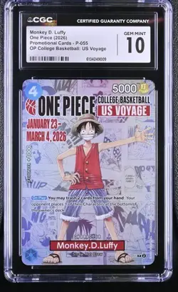 CGC GEM MINT 10 Monkey D. Luffy One Piece 2026 College Basketball Voyage #P-055 - Image 1