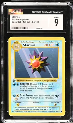 CGC 9 MINT Starmie 64/102 1st Edition Shadowless Base Set Pokemon Card - Image 1