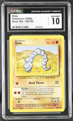 CGC 10 GEM MINT Onix 1999 Base Set 56/102 Pokemon Card - Image 1