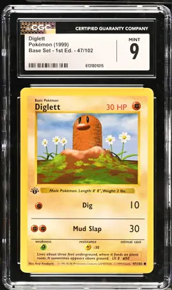 CGC 9 MINT Diglett 47/102 1st Edition Shadowless Base Set Pokemon Card - Image 1