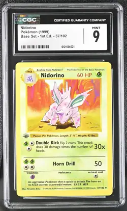 CGC 9 MINT Nidorino 1999 Base Set Shadowless 1st Edition 37/102 Pokemon Card - Image 1