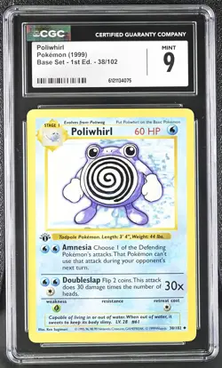 CGC 9 MINT Poliwhirl 1999 Base Set Shadowless 1st Edition 38/102 Pokemon Card - Image 1