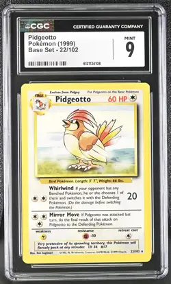 CGC 9 MINT Pidgeotto 1999 Base Set 22/102 Pokemon Card - Image 1