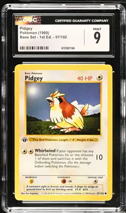 CGC 9 MINT Pidgey 57/102 1st Edition Shadowless Base Set Pokemon Card - Image 1