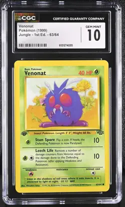 CGC 10 GEM MINT Venonat 1999 Jungle 1st Edition 63/64 Pokemon Card - Image 1