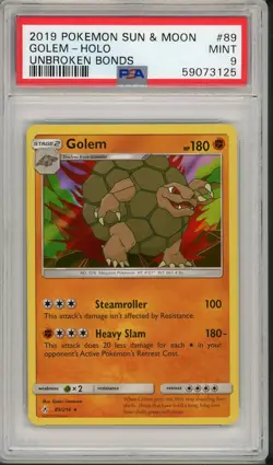2019 Pokemon Sun & Moon Unbroken Bonds Golem Holo #89 PSA 9 - Image 1