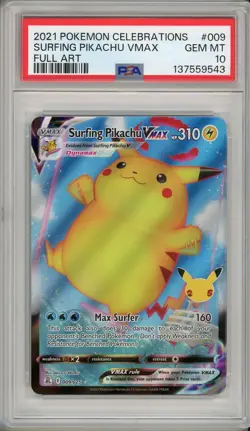 2021 Pokemon Celebrations Surfing Pikachu Vmax Full Art #009 PSA 10 - Image 1