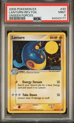 PSA 9 Mint 2005 POKEMON EX UNSEEN FORCES #40 Lanturn REVERSE HOLO FOIL - Image 1