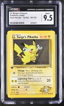 CGC 9.5 MINT+ Lt. Surge's Pikachu Gym Heroes 1st Edition 81/132 Pokemon Card - Image 1