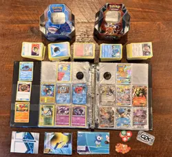 500+pokemon cards slightly used with binder and tins for storage SEE DESCRIPTION - Image 1