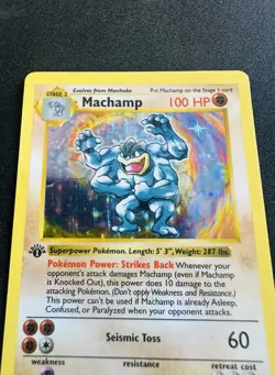 1st Edition Shadowless Machamp Holo #8/102 Base Set Pokemon Card DMG - Image 3