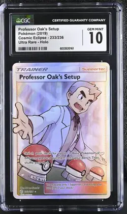 CGC 10 PROFESSOR OAK'S SETUP 233 COSMIC ECLIPSE SUN & MOON TRAINER POKEMON - Image 1