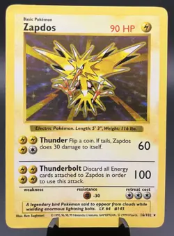 Zapdos 16/102 Shadowless Base Set 1999 Holo Rare Pokemon Card LP/MP - Image 1