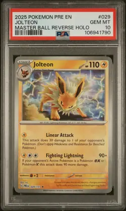 2025 POKEMON PRE EN-PRISMATIC EVOLUTIONS MASTER BALL REVERSE HOLO JOLTEON PSA 10 - Image 1