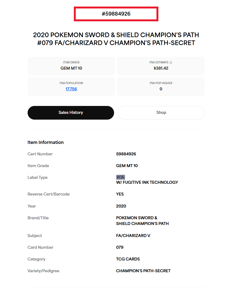 PSA 10 Charizard V 79/73 Secret Rare Champions Path Holo Pokemon Card - Image 3