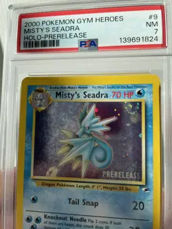 SWIRL 💫2000 POKEMON GYM HEROES HOLO-PRERELEASE #9 MISTY'S SEADRA PSA 7 - Image 2