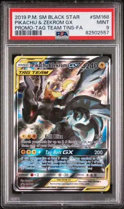 2019 POKEMON SM TAG TEAM TINS PROMO #SM168 FULL ART/ PIKACHU & ZEKROM GX PSA 9 - Image 1