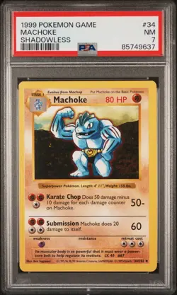 1999 Pokemon Base Machoke 34/102 Shadowless PSA 7 NM - Image 1